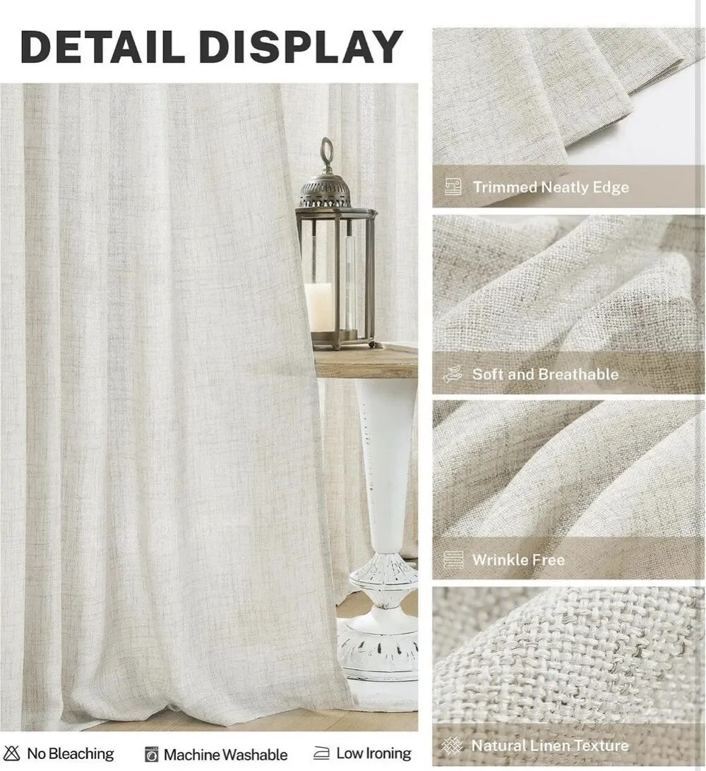 Natural Linen Textured Curtains 2 Panels 50x63 Cream Back Tab Light Filter